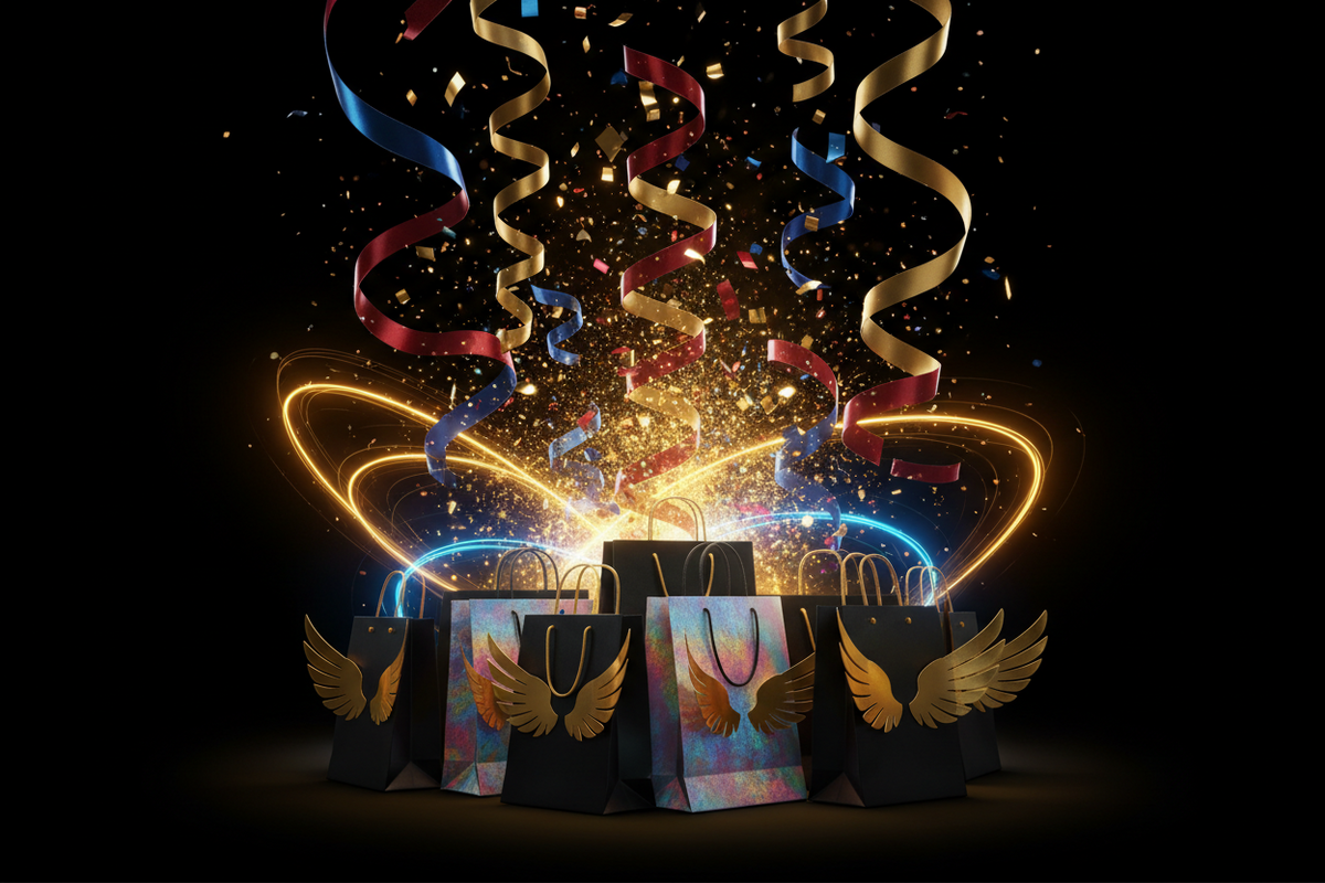 a group of bags with ribbons and confetti