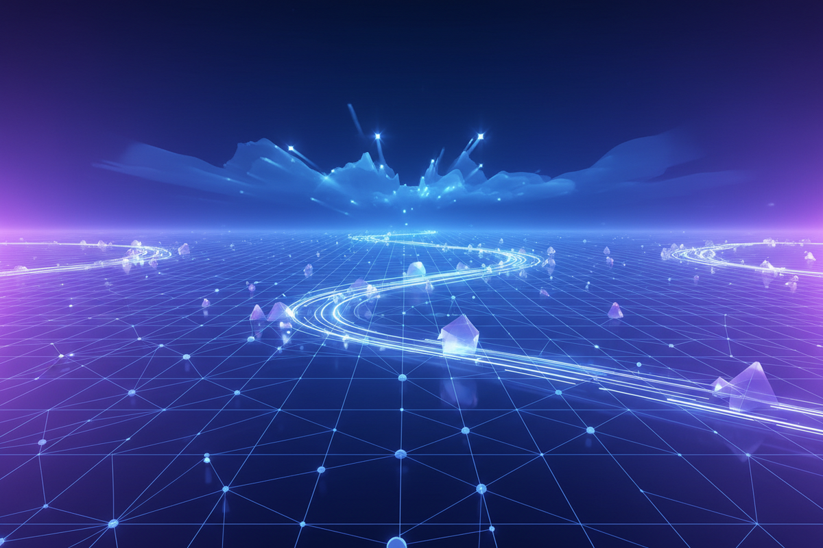 a digital landscape with a road and lights