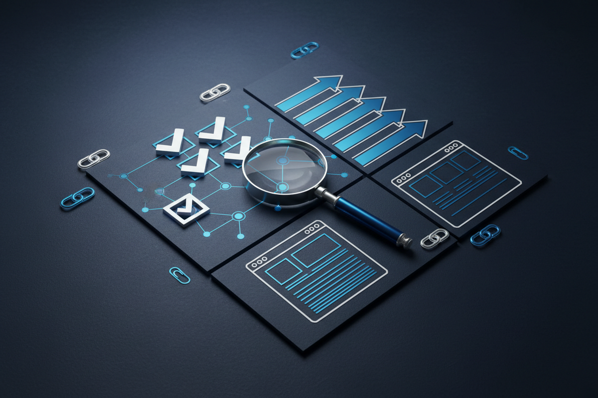 a magnifying glass on a black paper with blue lines and white lines